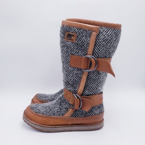 SOREL Chipahko Wool Blanket Winter Boot Tall Buckle Herringbone Leather Size 8.5 - Picture 4 of 9